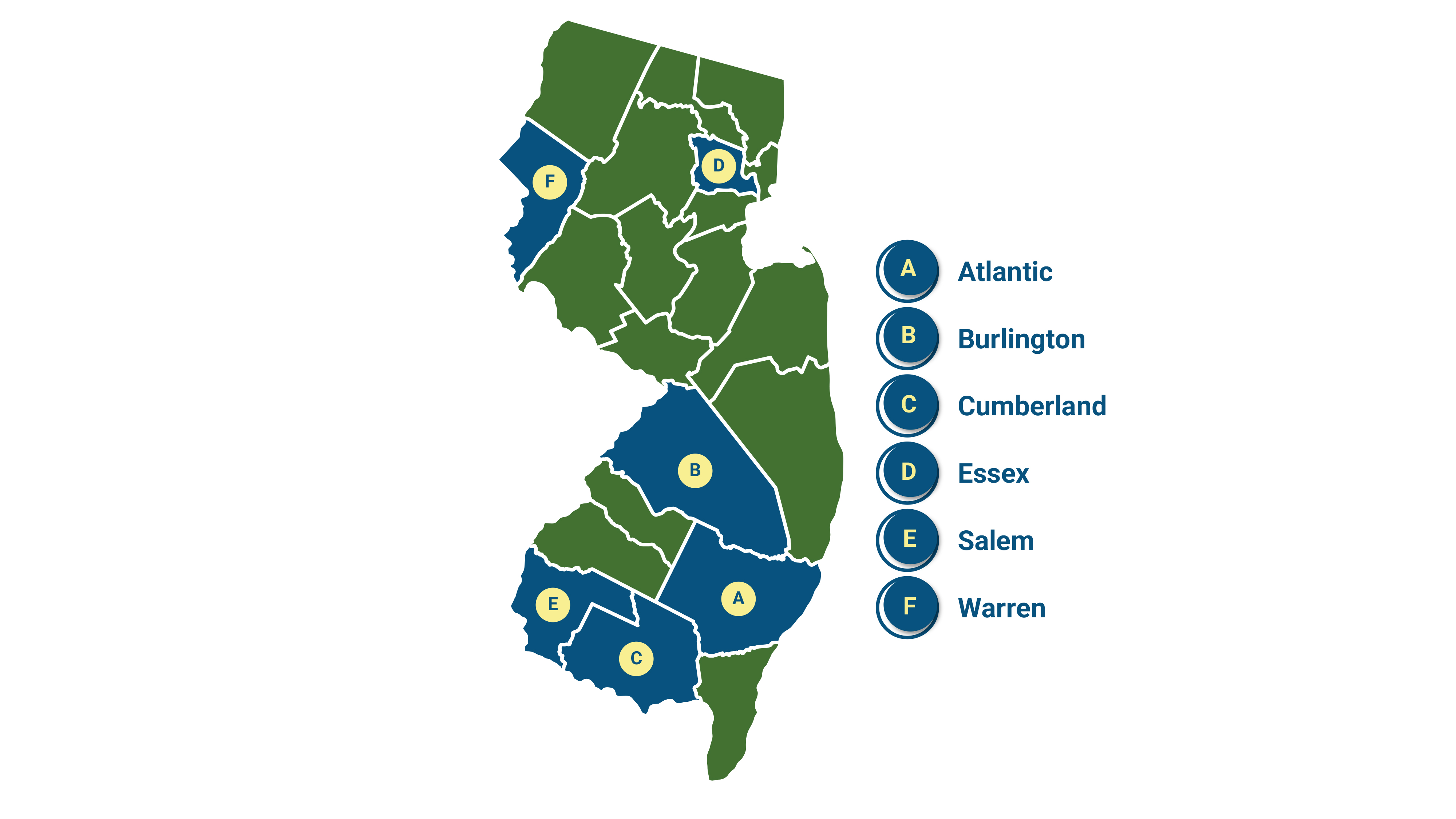 NJ Map with counties highlighted (A) Atlantic (B) Burlington (C) Cumberland (d) Essex (E) Salem (F) Warren